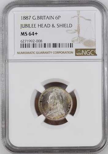 1887年 英国 6ペンス硬貨 ジュビリーヘッド アンチョイス 未流通 MS 64+