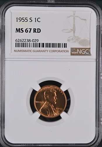1955-S 1C RD リンカーン小麦 1セント NGC MS67RD 6262238-029
