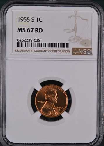 1955-S 1C RD リンカーン小麦 1セント NGC MS67RD 6262238-028