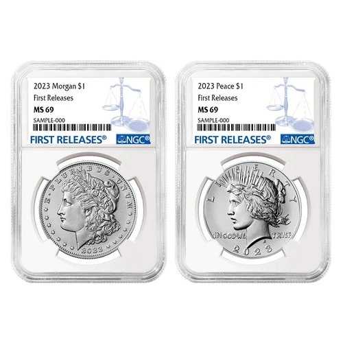 2枚セット - 2023年 1ドル モルガン＆ピース銀貨 NGC MS69 FR ブルーラベル