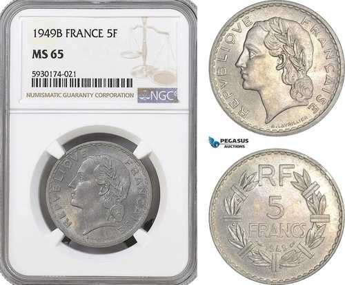 AG386、フランス、第四共和政、5フラン、1949-B、ボーモン・ル・ロジェ、NGC MS65 ポップ 64,735円