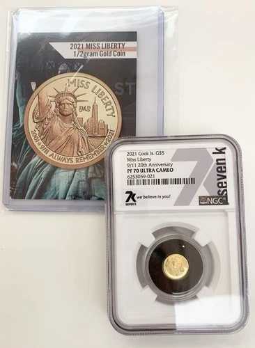 ミス・リバティ 9-11 20周年記念 1/2グラム .999 ゴールド 7K メタル G$5 2021 NGC PF70