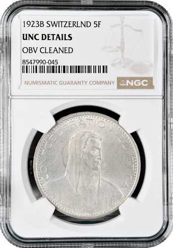 スイス 5フラン 1923 B、NGC UNC Det.、「Confoederatio Helvetica (1917-1967)」