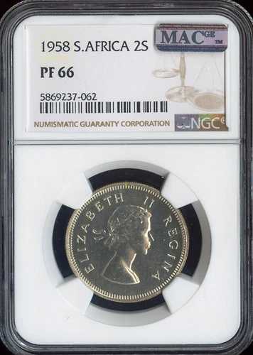 1958年南アフリカ2シリングプルーフNGC PF66品質