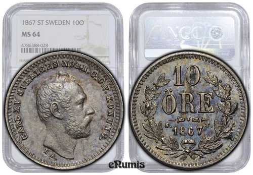 スウェーデン、カール15世、10オーレ1867、NGC MS 64