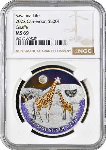 カメルーン 500フラン 2022年、NGC MS69、「サバンナの生き物 - キリン」トップポップ 1/0