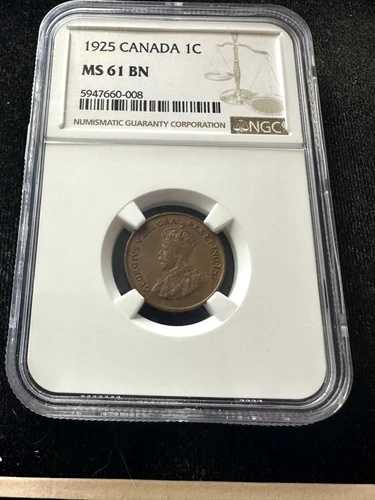 1925年 NGCグレードカナダ、スモールワン 1セント、**MS-61** #008