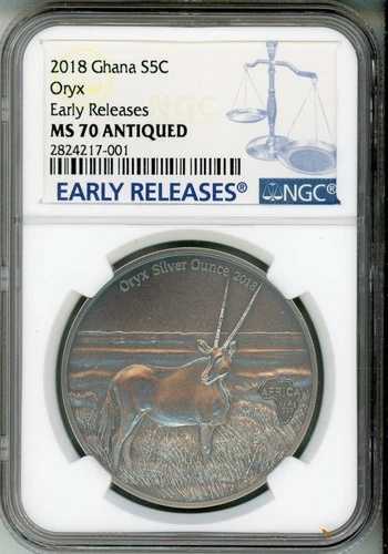 2018年ガーナ 5セント銀貨 オリックス - アンティーク - NGC MS 70 初期リリース - 少数