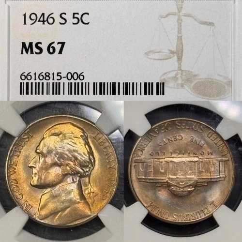 MS67 1946-S 5C ジェファーソンニッケル、NGC認定 - 美しい虹色