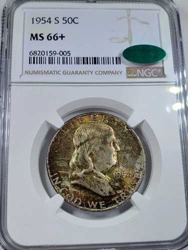 1954-S フランクリン ハーフ ダラー 50C NGC & CAC MS66+、プラスグレード CAC ステッカートーン