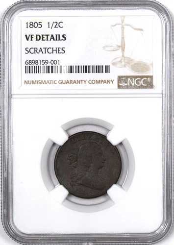 1805年 ドレープ胸像 初期銅貨 ハーフセント 1/2セント - NGC VF 詳細 -