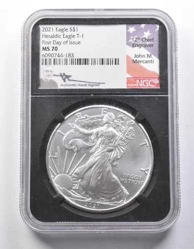 MS70 2021 アメリカンシルバーイーグル ヘラルディックイーグル T1 FDOI メルカンティ 署名入り NGC *8636