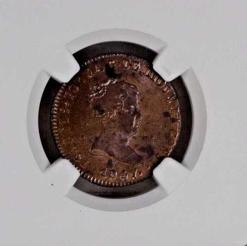 1847-JA スペイン イザベル II コッパー 4 マラベディス KM530.2 NGC MS62 レッド & ブラウン