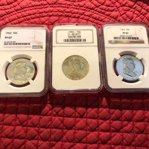 1960年、1961年、1962年 シルバープルーフ フランクリン ハーフ 50セント NGC PF67。鏡面のような美しい表面！