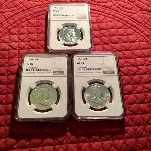 1960 年フランクリン ハーフ 50 セント、PF68 + 1961 PF63 + 1956 MS 63 NGC ジェム コイン、シミなし!