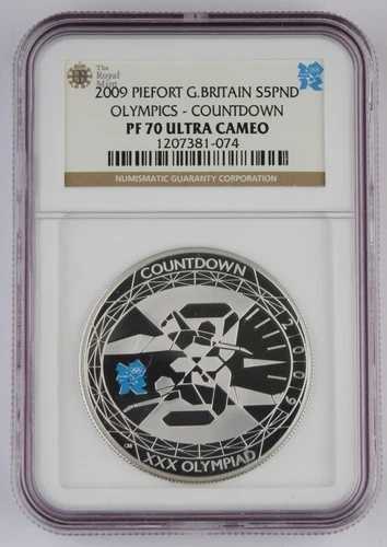 イギリス 2009 5ポンド銀貨 ピエフォート プルーフコイン オリンピックカウントダウン NGC PF70