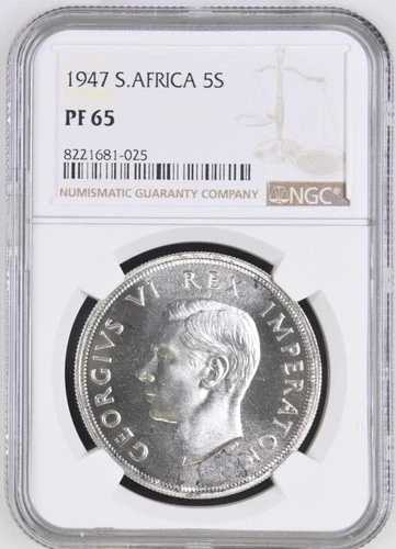 ジョージ6世、1947年南アフリカ、銀貨、プルーフ5シリング。「宝石」NGC PR 65クラウン