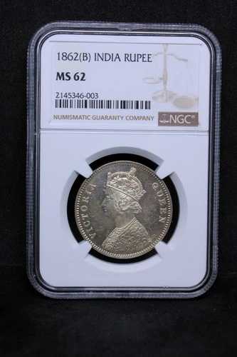 1862年 インド・イギリス ルピー ビクトリア KM 473.1 ..... 0/4ビーズ UNC NGC MS62