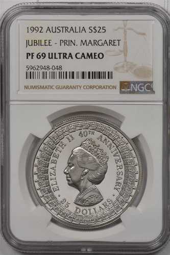 オーストラリア 1992年 25ドル NGC プルーフ 69UC シルバージュビリー - マーガレット王女 NG1495