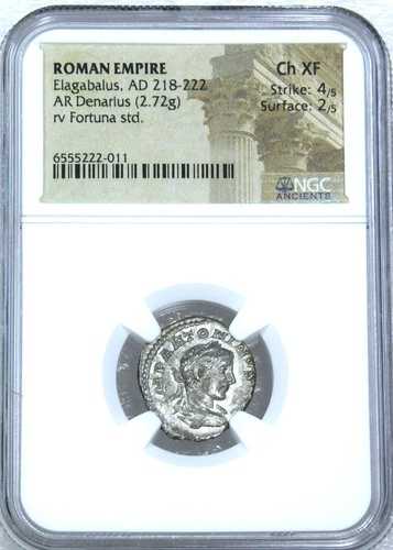 AD 218-222 ローマ帝国 ELAGABALUS AR デナリウス NGC CH XF Rev Fortuna PQ #MC27