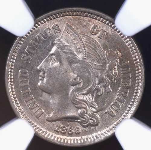 1866年 3セントニッケル NGC MS 62 わずかに灰色がかった銀色のピューターと少量の