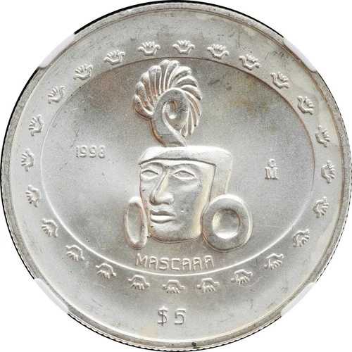 メキシコ プレコロンビアンシリーズ 5ペソ マスカラ 1998年 NGC MS65 希少 KM# 620