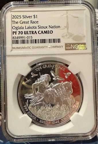 2025年 オグララ・ラコタ・スー族 1ドル プルーフ 1オンス シルバー、グレート・レース、NGC、PF70