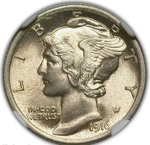 1916年 マーキュリーダイム NGC MS 64 フルバンド 滑らかで光沢のあるシルバーサテン表面