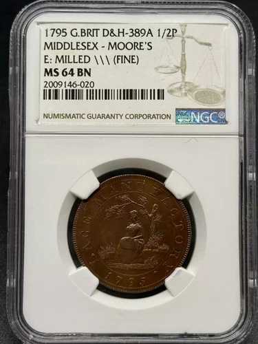 1795 コンダートークン NGC MS-64 BN ミドルセックス - ムーアズ E: ミルド \\\\\\ (良好)