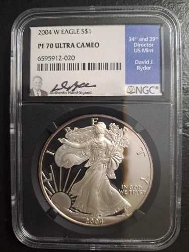2004 W プルーフ アメリカン シルバー イーグル NGC PF70 UCAM デビッド・ライダー 直筆サイン入り レア POP 6