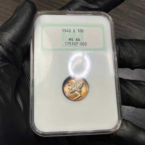 MS66 1940-S 10セント マーキュリー銀貨、NGC-オールドファッティホルダー、レインボートーン
