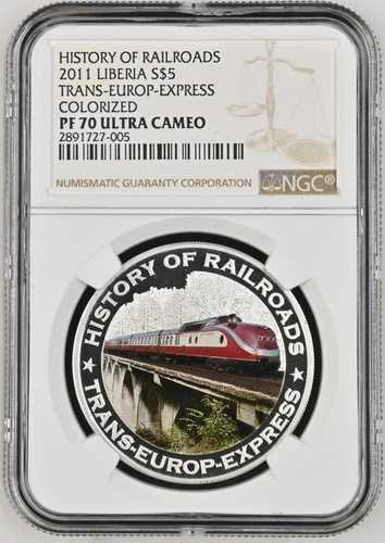5ドル 2011年 リベリア 鉄道史 トランスヨーロッパエクスプレス AGプルーフ NGC PF70
