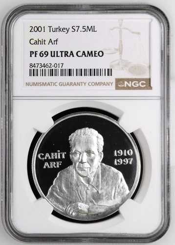 2001年 トルコ 750万リラ カヒト アルフ銀貨 NGC PF 69 ウルトラカメオ｜WORLD RESOURCE【QUEEN店】