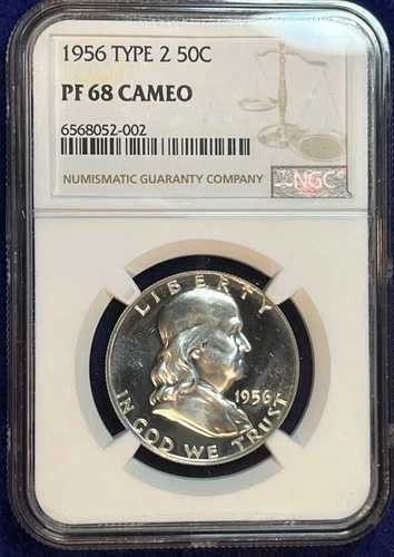 1956年 ジェム タイプ 2 カメオ プルーフ シルバー フランクリン ハーフ ダラー! NGC PF 68 カメオ!