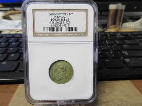 1860 B-571B / M-NY-759 A.B. Sage & CO. メダル G.H. Lovett 作 NGC MS 64