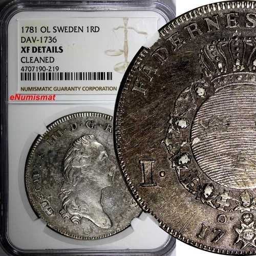 スウェーデン グスタフ3世 銀貨 1781年 1枚 リクスダラー NGC XF 詳細 Dav-1736,KM# 527 (219)