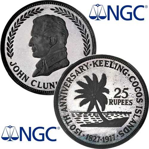 キーリング ココス諸島 25ルピー 1977年 NGC PF67 「150周年記念 - ジョン・C・ロス」