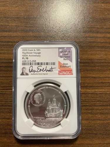2020年 クック諸島 ファインシルバー 5ドル メイフラワー号 NGC PL 70 ドン・エバーハートのサイン入り