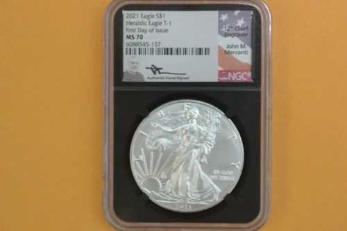 2021年 シルバーイーグル NGC MS70 発行初日 ジョン・マーカンティ タイプ1