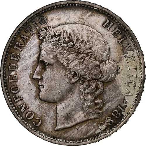 [#1307484] スイス、5フラン、ヘルヴェティア、1889年、ベルン、銀、EF、KM:34 66,550円