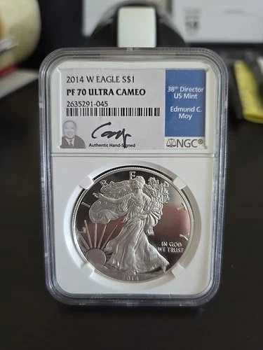 2014-W シルバーイーグル プルーフ NGC PF 70 エドマンド C モイ 直筆サイン入り...最高に人気??