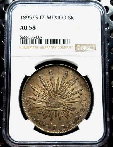8 レアル 1895ZS FZ サボテンに蛇がいるサカテカスの鷲 メキシコ AU58 NGC シルバー!