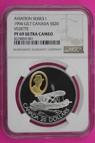 1994年 PF 69 ギルト カナダ 20ドル プルーフ ヴェデット銀貨 航空シリーズ NGC 182