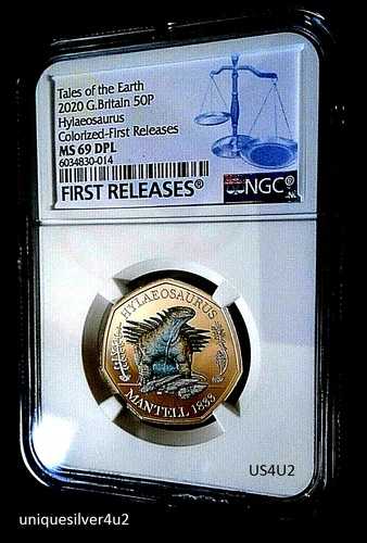 2020年 イギリス 50ペンス NGC MS69 DPL カラー化 ヒラエオサウルス 2枚セット FR - 希少