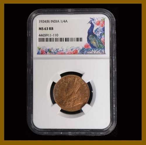 イギリス領インド 1/4 アンナ、1924年 (B) ボンベイ NGC MS 63 RB キングジョージ5世