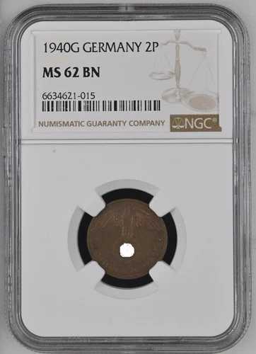 第三帝国 2 Reichspfennig 1940 G 非常に希少 NGC MS 62 BN POP 2/1 nswleipzig