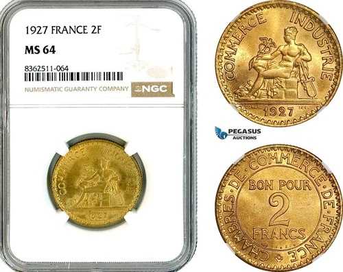 AK769、フランス、第三共和政、2 フラン、1927 年、パリ造幣局、NGC MS64、希少!｜WORLD RESOURCE【QUEEN店】