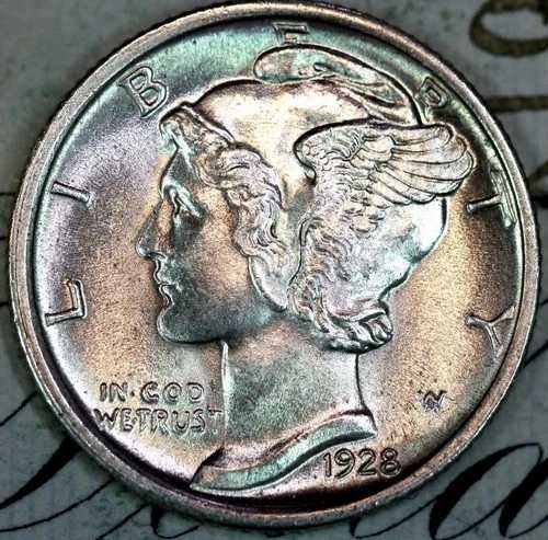 1928-D FSB SUPERB+ GEM BU MS MERCURY SILVER DIME DC181 MATTHEWS HOARDより