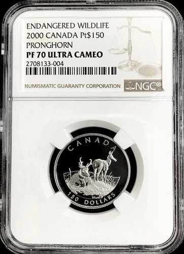 2000年 プラチナ カナダ 599 鋳造 $150 プロングホーンコイン NGC プルーフ 70 ウルトラカメオ
