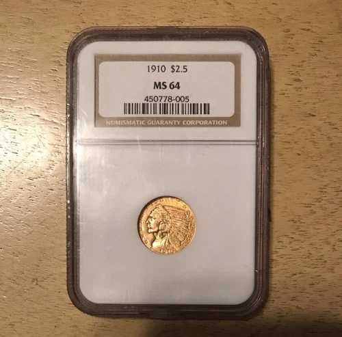 1910 年 2.5 ドル インディアン ヘッド ゴールド クォーター イーグル NGC MS64 高光沢 ハイグレード!!